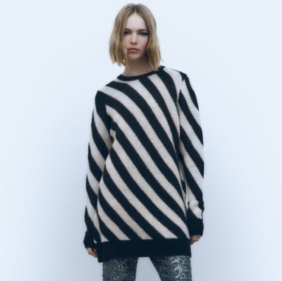 Zara Black Sweater Size Small Black White Diagonal Striped Longline Dress Wool - Picture 1 of 15
